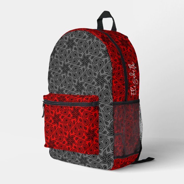 Add Name Modern Grey & Red Floral Paisley Pattern Printed Backpack (Back Corner Right)