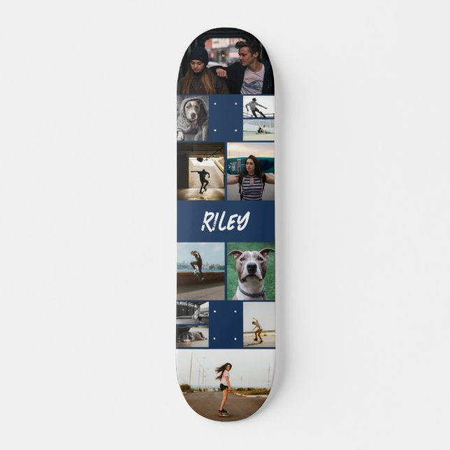 Add Name Navy Photo Collage Template Skateboard (Front)