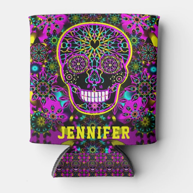 Add Name Neon Sugar Skull Artwork Can Cooler (Front)