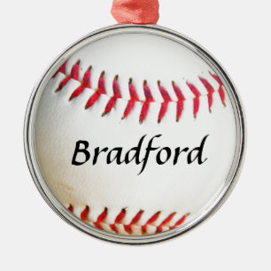 Add Name on White Baseball with Red Stitching Metal Ornament
