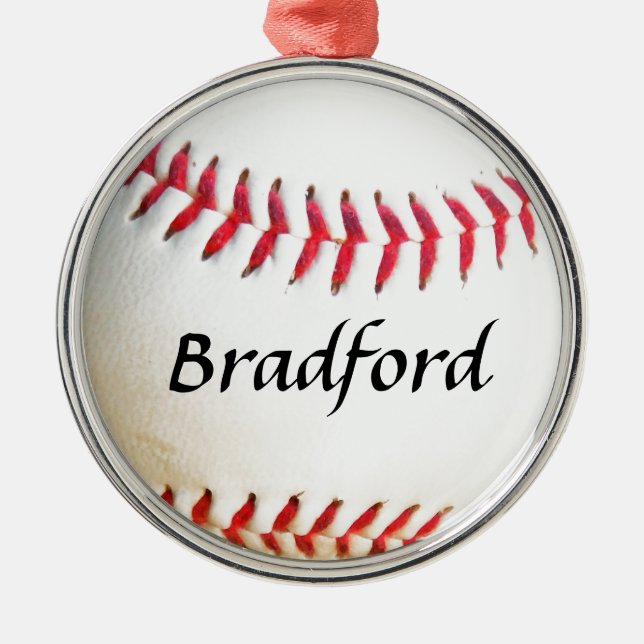 Add Name on White Baseball with Red Stitching Metal Ornament (Front)