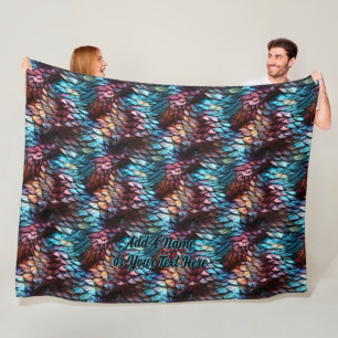 Add Name or Text, Dragon Scales Aqua Blue Crimson  Fleece Blanket