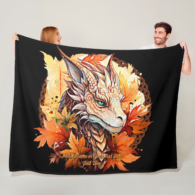 Add Name or Text, Dragon With Autumn Leaves Fleece Blanket (In Situ)