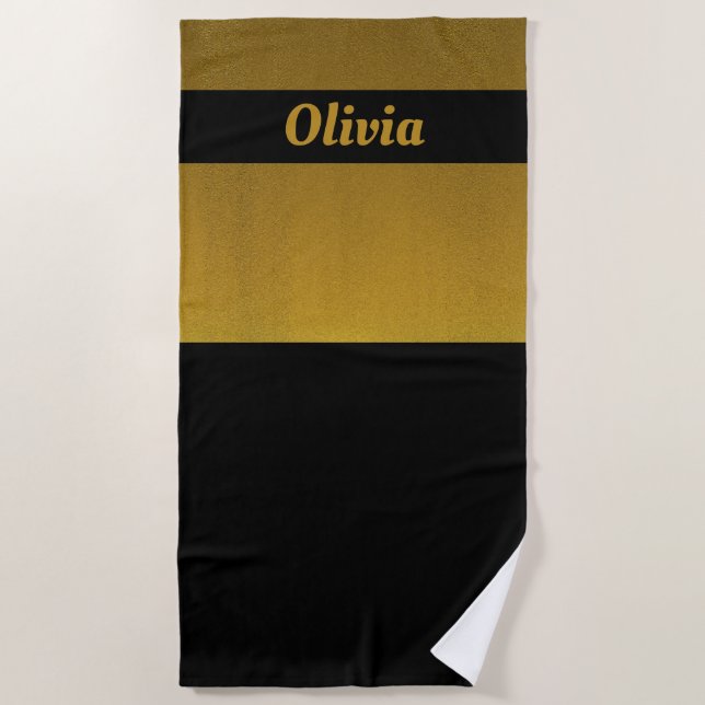 Add Name or Text, Elegant Black and Gold Beach Towel (Front)