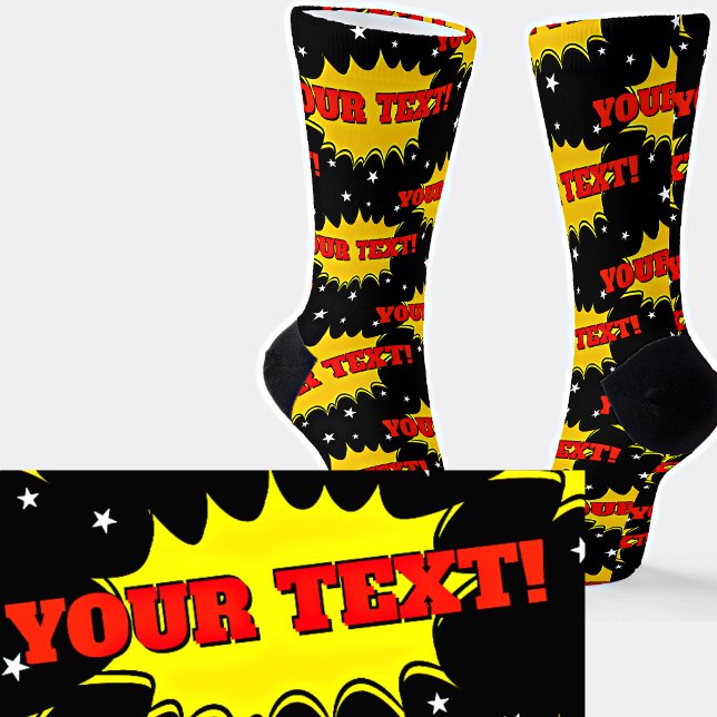 Add Name or Text Red Yellow Pop Art Burst on Black Socks (Creator Uploaded)