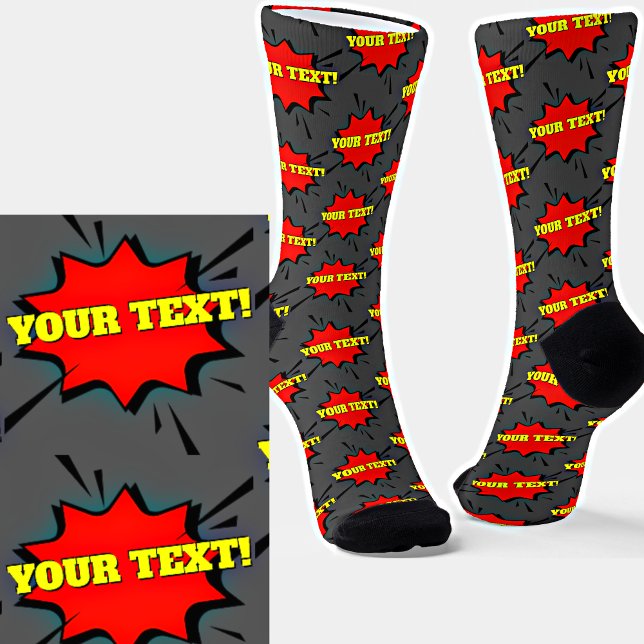Add Name or Text Red Yellow Pop Art Burst on Grey Socks (Creator Uploaded)