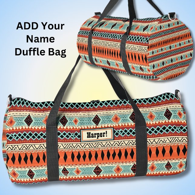 Add Name, Orange Aqua Brown Geometric Western Duffle Bag (Creator Uploaded)