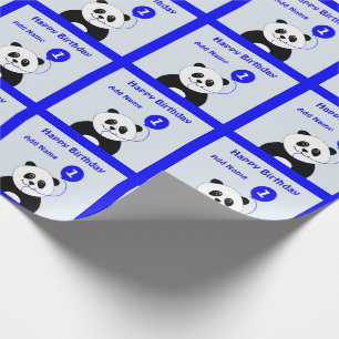 Add name panda 1st birthday blue wrapping paper