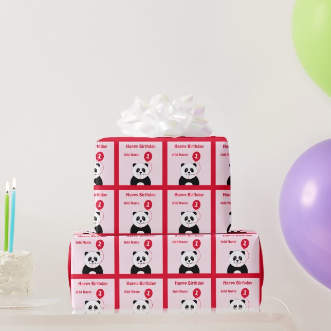 Add name panda 1st birthday red pink wrapping paper (Party Gifts)
