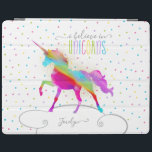 Add Name Personalized Gold Glitter Rainbow Unicorn iPad Cover<br><div class="desc">A rainbow unicorn in a sky of polka dots and glitter . . . the perfect gift for a special girl who believes in magic and unicorns.</div>