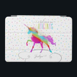 Add Name Personalized Gold Glitter Rainbow Unicorn iPad Mini Cover<br><div class="desc">A rainbow unicorn in a sky of polka dots and glitter . . . the perfect gift for a special girl who believes in magic and unicorns.</div>