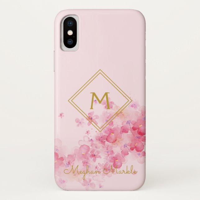 Add name Personalized Modern Simple Pink Flowers Case-Mate iPhone Case (Back)