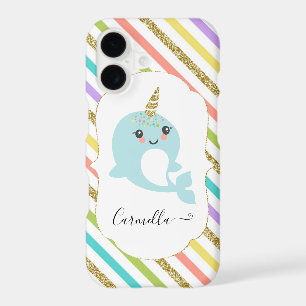 Add Name Personalized Narwhal Rainbow Gold Glitter