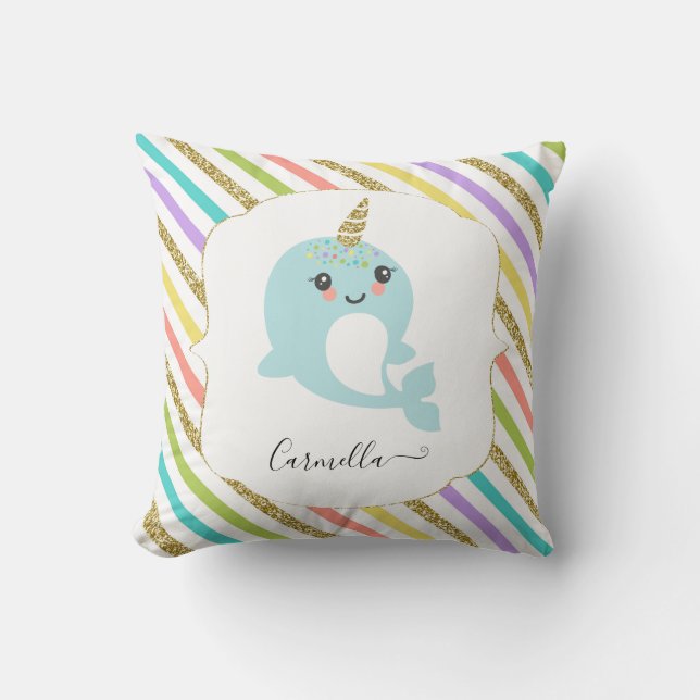 Add Name Personalized Narwhal Rainbow Gold Glitter Throw Pillow (Front)