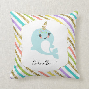 Add Name Personalized Narwhal Rainbow Gold Glitter Throw Pillow