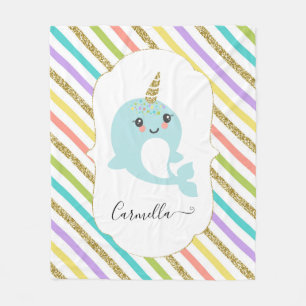 Add Name Personalized Narwhal Rainbow Stripes Gold Fleece Blanket