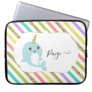 Add Name Personalized Rainbow Narwhal Gold Glitter Laptop Sleeve