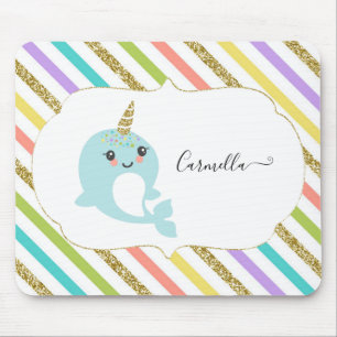 Add Name Personalized Rainbow Narwhal Gold Glitter Mouse Pad