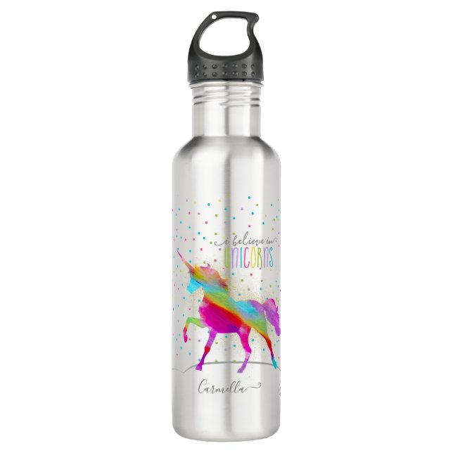 Add Name Personalized Rainbow Unicorn Gold Glitter 710 Ml Water Bottle (Front)