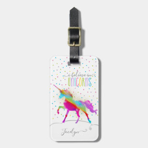 Add Name Personalized Rainbow Unicorn Gold Glitter Luggage Tag