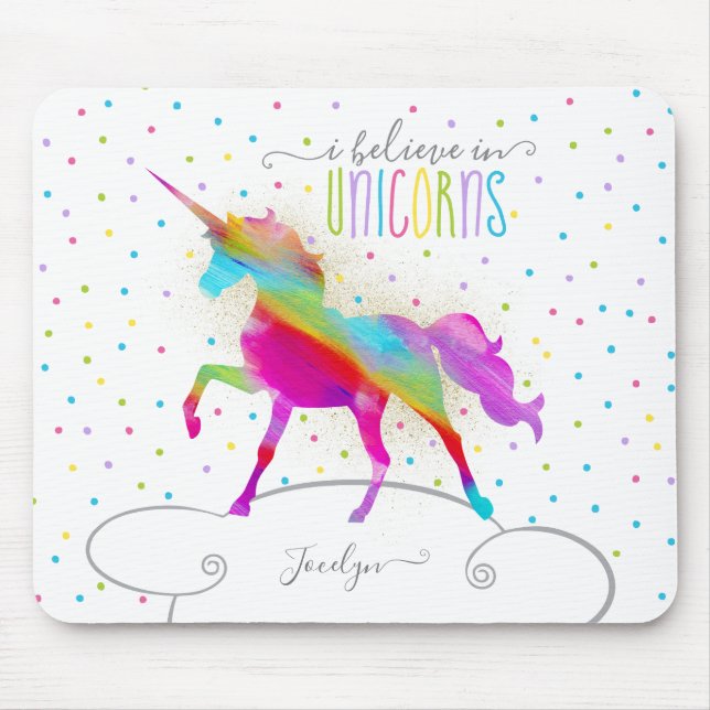 Add Name Personalized Rainbow Unicorn Gold Glitter Mouse Pad (Front)