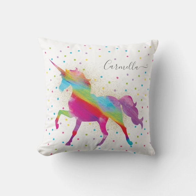 Add Name Personalized Rainbow Unicorn Gold Glitter Throw Pillow (Front)