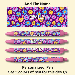 Add Name, Pink & Blue Cartoon Flower Faces Black Ink Pen