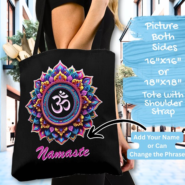Add Name, Pink Mandala with OM symbol on a Black Tote Bag (Creator Uploaded)