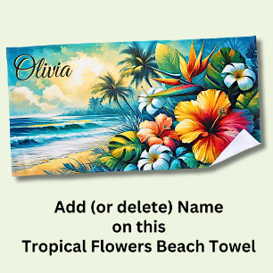 Add Name Pink Orange Tropical Flowers at Sunset Beach Towel