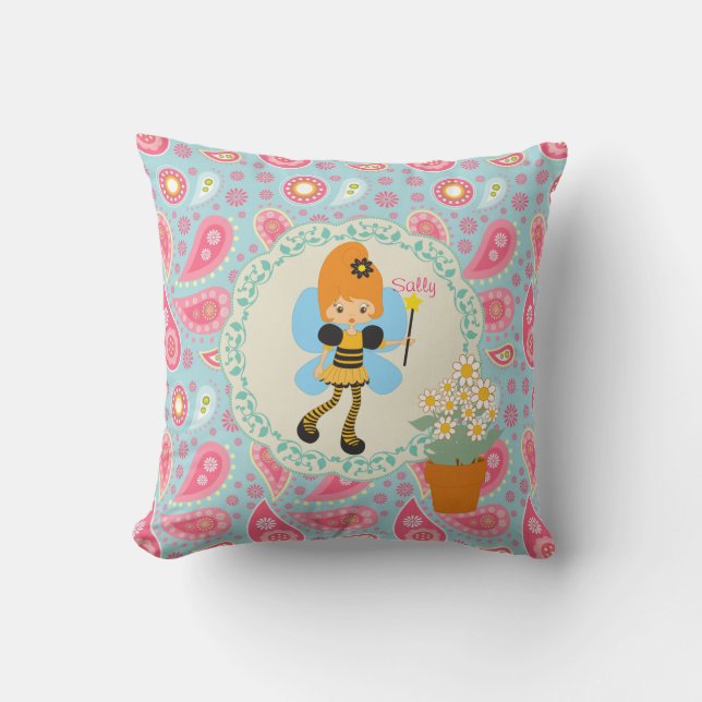 Add name Pretty bee Fairy pink  paisley girls room Throw Pillow (Front)