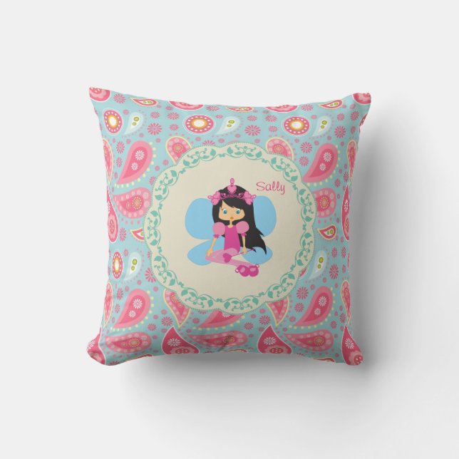 Add name Pretty Fairy pink  paisley child's room Throw Pillow (Front)