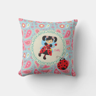 Add name Pretty ladybug Fairy pink  paisley Throw Pillow