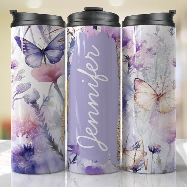 Add Name Purple Butterfly Custom Gift Thermal Tumbler (Floral Personalized Tumbler)