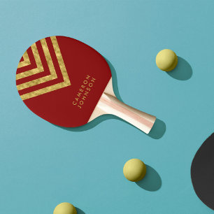 Add Name Red and Faux Gold Chevron Ping Pong Paddle