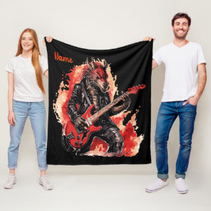 Add Name, Red & Black Guitar Dragon Musician  Fleece Blanket