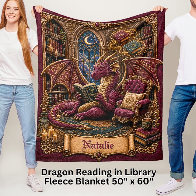 Add Name Red & Gold Book Dragon in Library Fleece Blanket (Creator Uploaded)