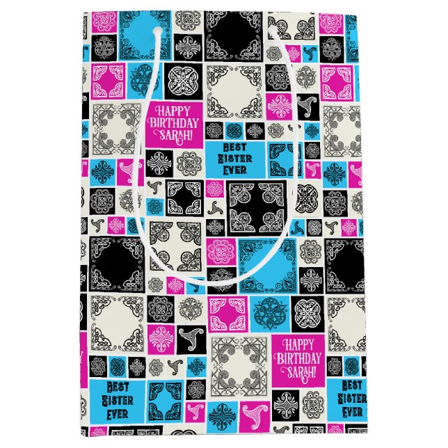 Add Name & Relationship Birthday Magenta & Blue Medium Gift Bag (Front)