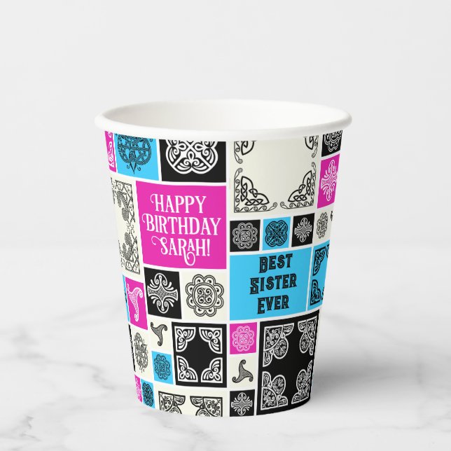 Add Name & Relationship Birthday Magenta & Blue Paper Cups (Front)