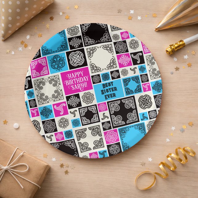 Add Name & Relationship Birthday Magenta & Blue Paper Plate (Creator Uploaded)