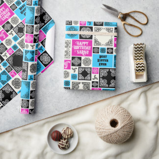 Add Name & Relationship Birthday Magenta & Blue Wrapping Paper
