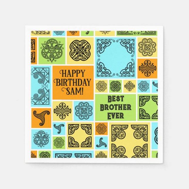 Add Name & Relationship Birthday Orange & Green Napkin (Front)