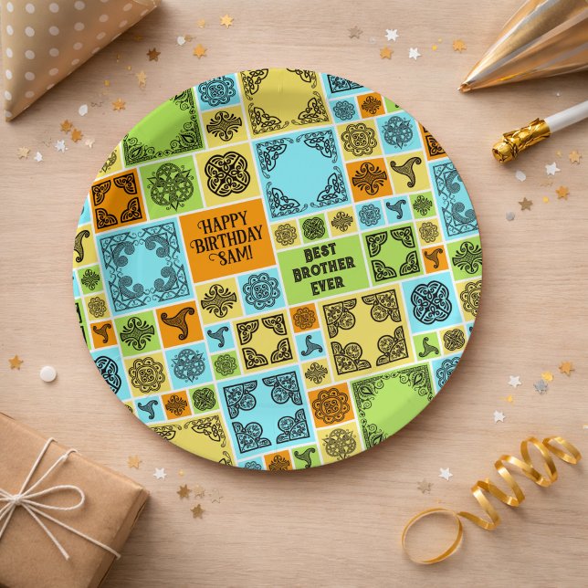 Add Name & Relationship Birthday Orange & Green Paper Plate (Creator Uploaded)