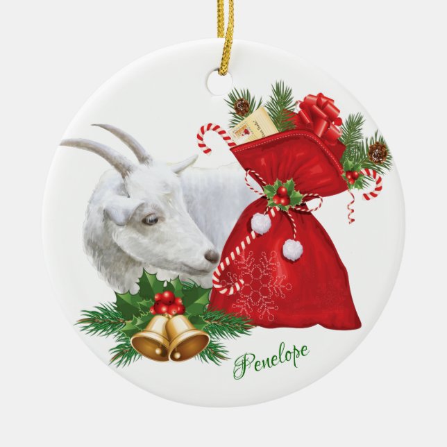 ADD NAME Saanen Goat With Holiday Spirit Ceramic Ornament (Front)