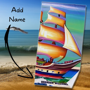 Add Name, Sailing Ship with Gold Sails Beach Towel