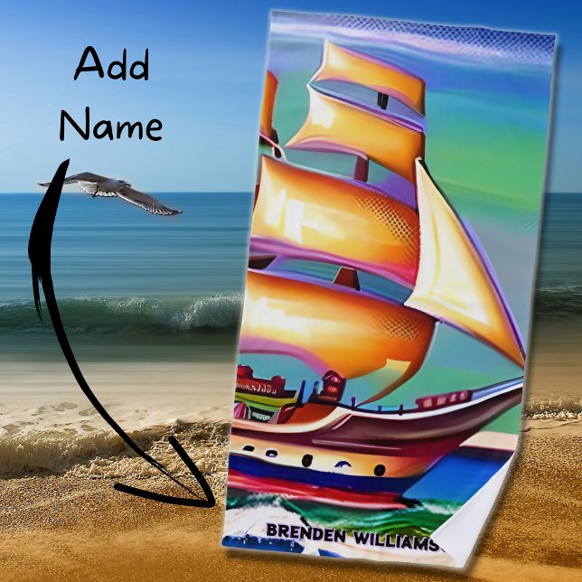 Add Name, Sailing Ship with Gold Sails Beach Towel (Creator Uploaded)