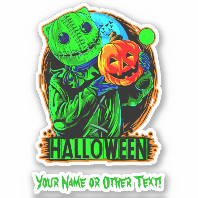 Add Name Scary Green Halloween Scarecrow Pumpkin (Front)