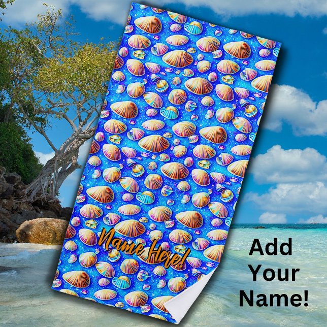 Add Name, Seashells on Blue Sand  Beach Towel (Creator Uploaded)