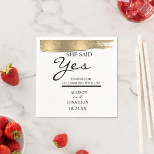 Add Name She Said Yes Gold Glitter Engagement Napkin