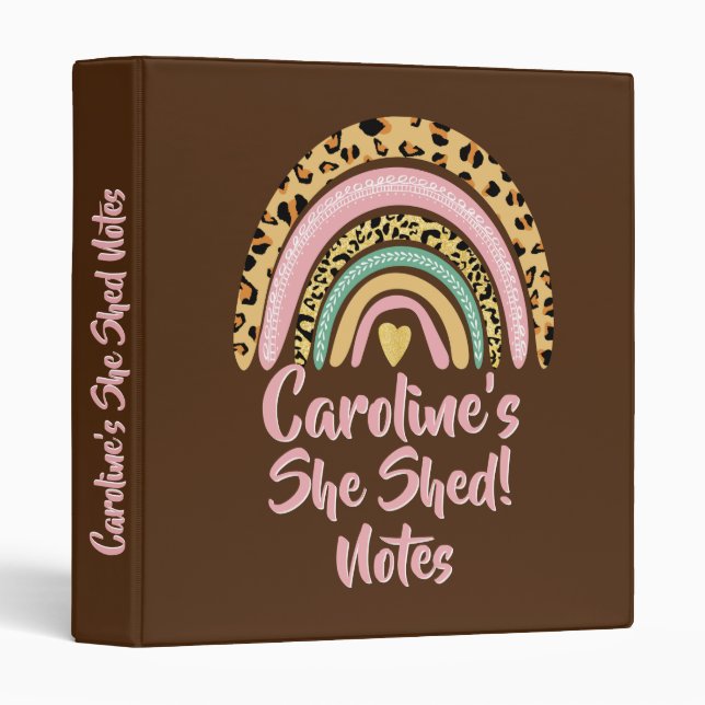 Add Name She Shed Leopard Print Pink Rainbow Heart Binder (Front/Spine)