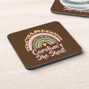 Add Name She Shed Leopard Print Pink Rainbow Heart Coaster